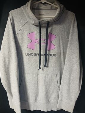 Under Armour Light Gray Hoodie with Pink Logo and Black Drawstrings